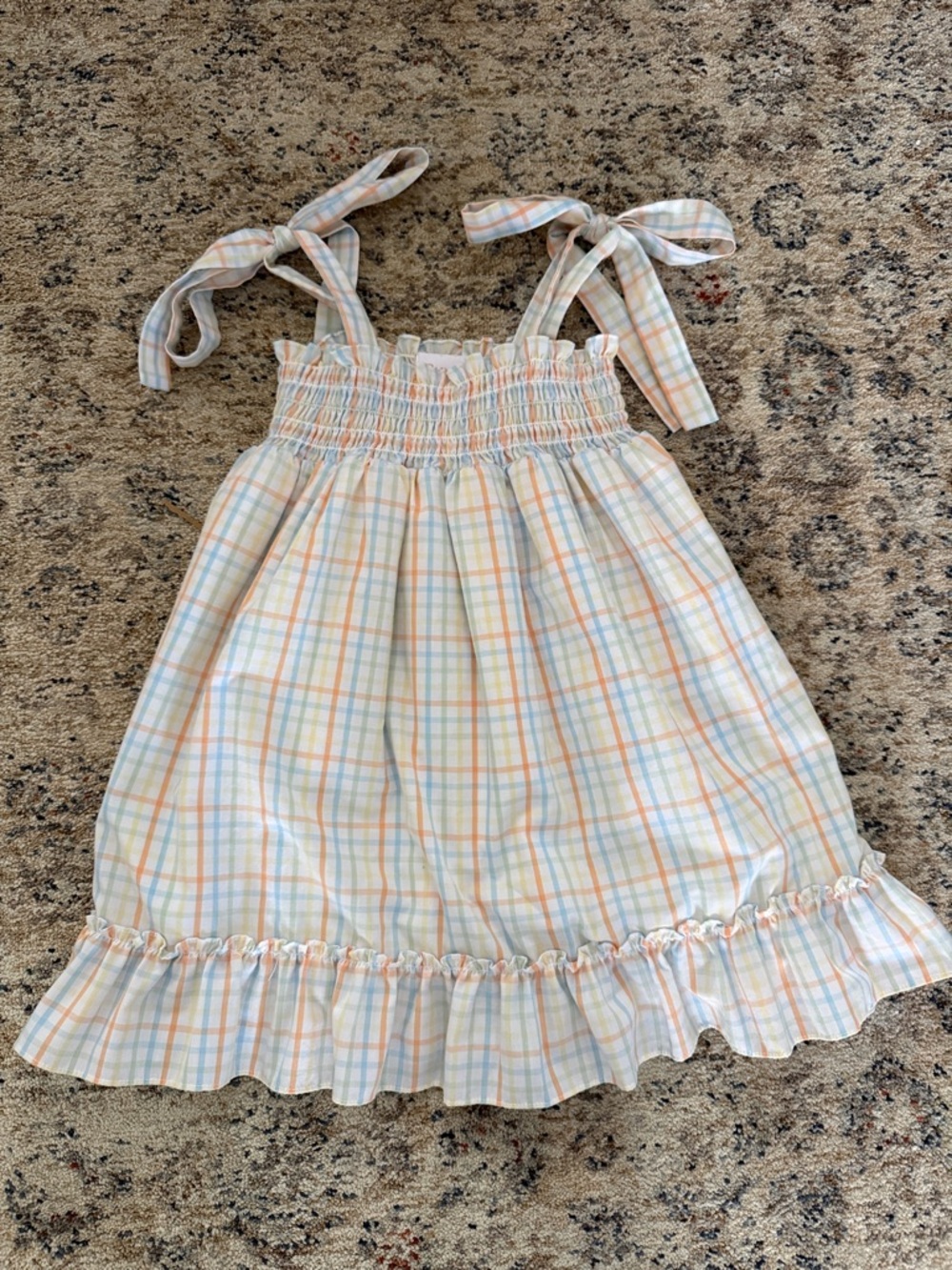 Stitchy Fish Smocked Plaid Tie-Shoulder Sundress in Pastel Blue & Peach- Size 2T